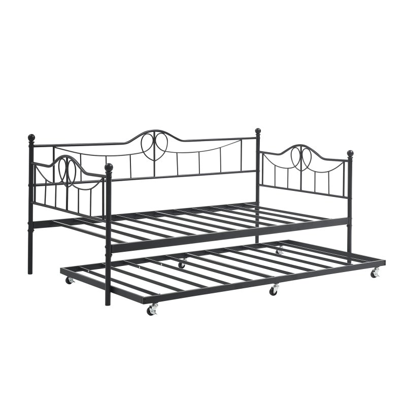 US GARVEE Twin Day Bed with Trundle, Metal Frame, Steel Slat Support, No Box Spring Needed, Black, for Kids, Teens, Adults,Black
