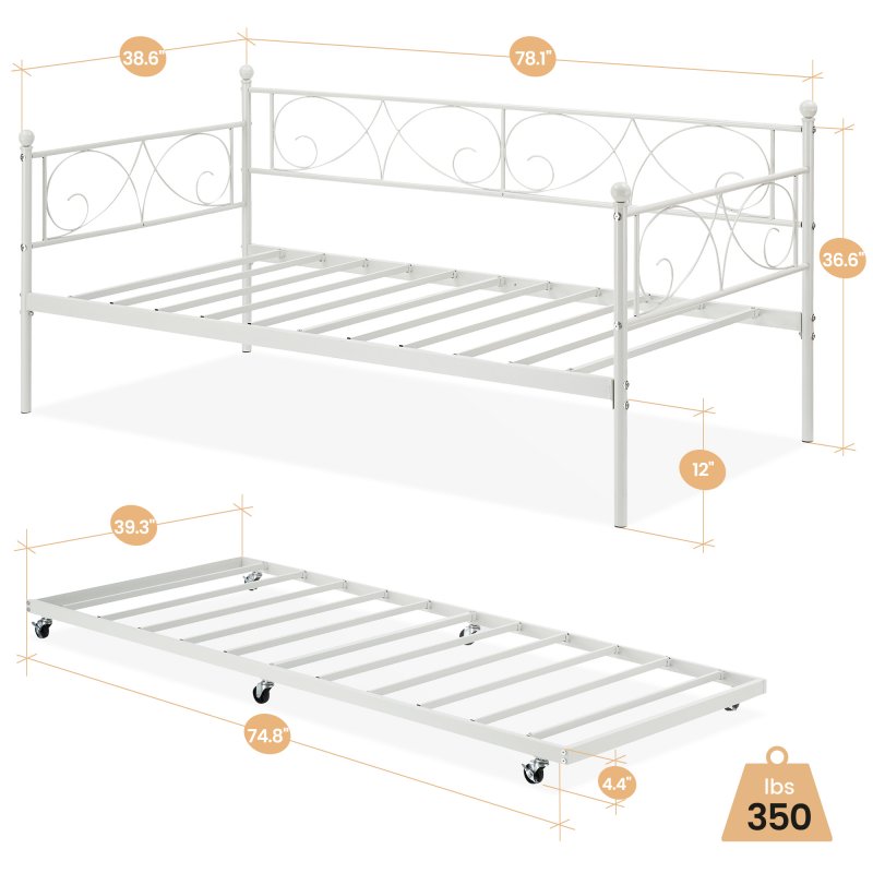 US GARVEE Twin Daybed with Trundle Metal, Twin Trundle Bed Frame Sofa Bed Frame for Living Room, Bedroom, Apartment, No Box Spring Needed, Space Saving, Heavy Duty Metal Slats (White)