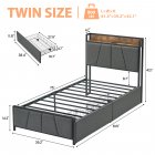 US GARVEE Twin Size Bed Frame with 2 Storage Drawers and Charging Station, Rustic Linen Upholstered Platform Bedframe with Storage Headboard, Heavy Duty, Easy to Assemble, No Box Spring Needed, Gray