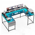 US GARVEE U Shaped Desk 126 Inch Gaming Desk with Monitor Stand and LED Lights Computer Desk Black