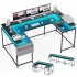 US GARVEE U Shaped Desk 126 Inch Gaming Desk with Monitor Stand and LED Lights Computer Desk Black