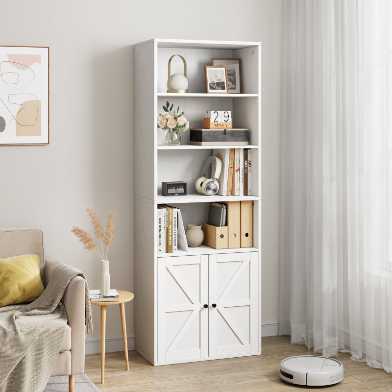 US GARVEE White Bookcase with Doors, Industrial Bookshelf, 11.8in Depth, 71.4in Tall, Wooden 6 Shelf, Farmhouse Style, for Bedroom, Living Room, Home Office