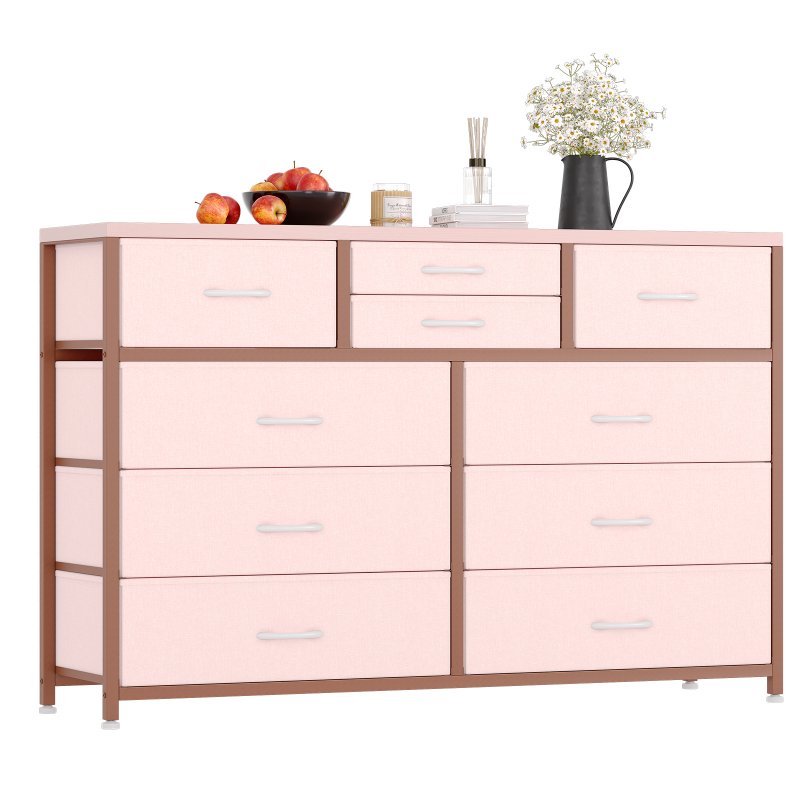 US GARVEE Wide 10 Drawer Dresser,TV Stand Entertainment Center Fabric Storage Dressers Drawers for Bedroom, Hallway, Nursery, Closets, Steel Frame, Wood Top (Pink)