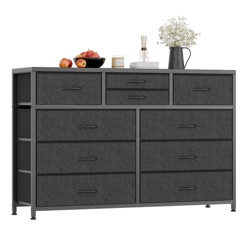 US GARVEE Wide 10 Drawer Dresser,TV Stand Entertainment Center Fabric Storage Dressers Drawers for Bedroom, Hallway, Nursery, Closets, Steel Frame, Wood Top (Black)