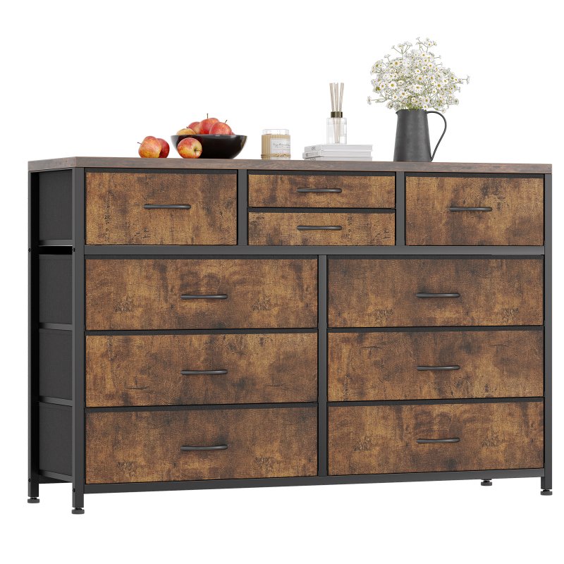US GARVEE Wide 10 Drawer Dresser,TV Stand Entertainment Center Fabric Storage Dressers Drawers for Bedroom, Hallway, Nursery, Closets, Steel Frame, Wood Top (RUSTIC)