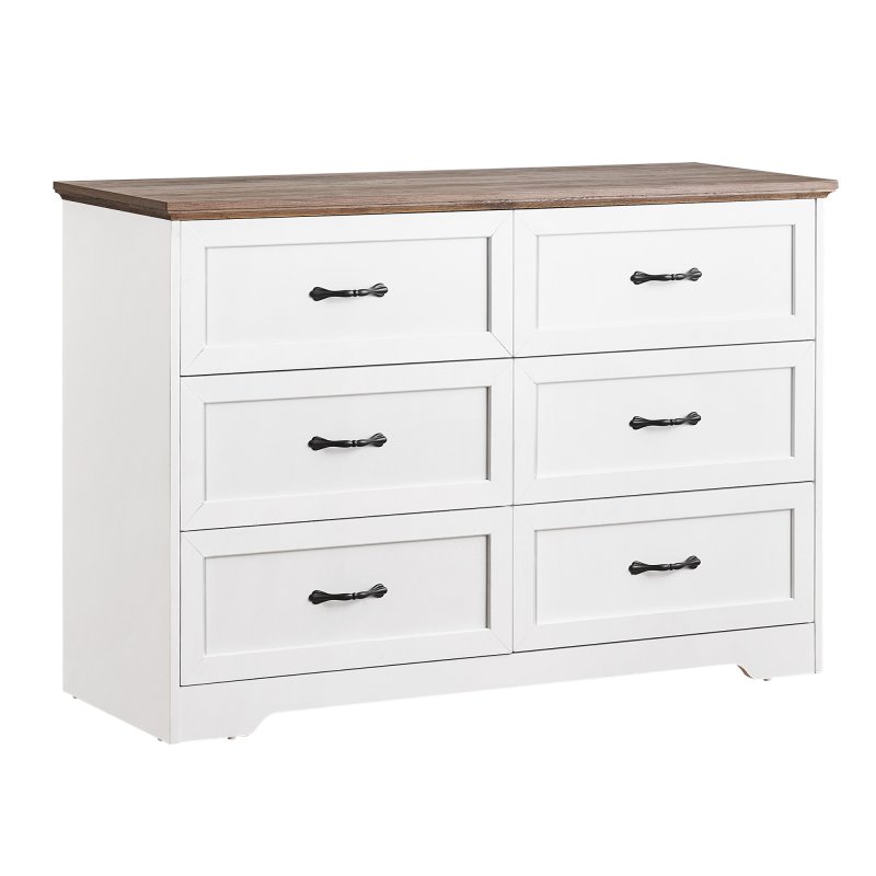 US GARVEE Wood Dresser with 6 Drawers, Premium Laminated Composite Woods, Brass Knobs, Roller Glides, Anti-Tip, White/Brown, Bedroom, Living Room