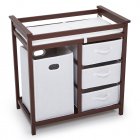US GARVEE Wooden Diaper Changing Table, Modern Baby Changing Table, Infant Diaper Changing Station Dresser with Laundry Hamper, 3 Storage Drawers, and Pad,Brown