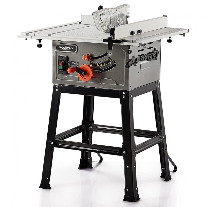 US GARVEE Table Saw 10 Inch 15A Multifunctional Saw with Stand & Push Stick 90° Cross Cut & 0-45° Bevel Cut 5000RPM