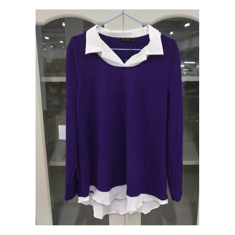 US GloryStar Women's Contrast Color Collared Long Sleeve Patchwork Blouse Shirt Top