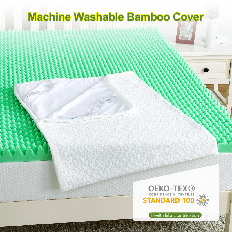 US GARVEE Mattress Topper Queen 3 Inch Green Tea Egg Crate Memory Foam Mattress Topper with Zippered Bamboo Cover