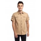 US Kuulee Men's Casual Outdoor Tab Sleeve Button Down Solid Color Cotton Cargo Shirt Khaki S