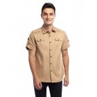 US Kuulee Men's Casual Outdoor Tab Sleeve Button Down Solid Color Cotton Cargo Shirt Khaki M
