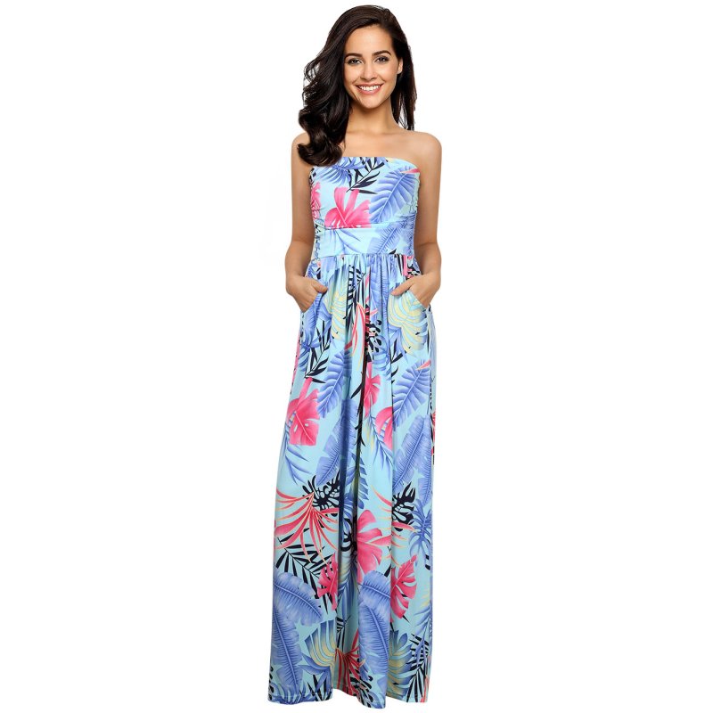US LEADINGSTAR Women Strapless Maxi Leaf Print Boho Elegant Party Long Dress