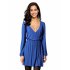 US LEADINGSTAR Women Solid Long Sleeve Elastic Waist Wrap V Neck Fit Flare Dress Haze Blue M