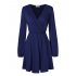 US LEADINGSTAR Women Solid Long Sleeve Elastic Waist Wrap V Neck Fit Flare Dress Haze Blue M