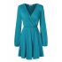 US LEADINGSTAR Women Solid Long Sleeve Elastic Waist Wrap V Neck Fit Flare Dress Blue Green XS