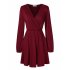 US LEADINGSTAR Women Solid Long Sleeve Elastic Waist Wrap V Neck Fit Flare Dress Burgundy XS