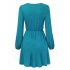 US LEADINGSTAR Women Solid Long Sleeve Elastic Waist Wrap V Neck Fit Flare Dress Blue Green XS