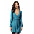 US LEADINGSTAR Women Solid Long Sleeve Elastic Waist Wrap V Neck Fit Flare Dress Blue Green XS