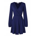 US LEADINGSTAR Women Solid Long Sleeve Elastic Waist Wrap V-Neck Fit Flare Dress