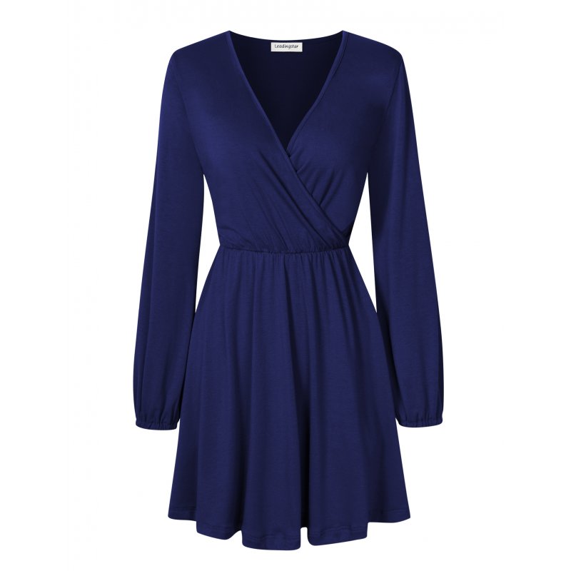 US LEADINGSTAR Women Solid Long Sleeve Elastic Waist Wrap V-Neck Fit Flare Dress