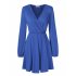US LEADINGSTAR Women Solid Long Sleeve Elastic Waist Wrap V Neck Fit Flare Dress Haze Blue M