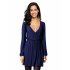 US LEADINGSTAR Women Solid Long Sleeve Elastic Waist Wrap V Neck Fit Flare Dress Dark Blue M