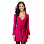 US LEADINGSTAR Women Solid Long Sleeve Elastic Waist Wrap V-Neck Fit Flare Dress