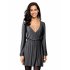 US LEADINGSTAR Women Solid Long Sleeve Elastic Waist Wrap V Neck Fit Flare Dress Gray S