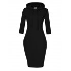 US MISSKY Women Pullover Stripe Pocket 3/4 Sleeve Slim Long Hoodie Sweatshirt Dress Black XL