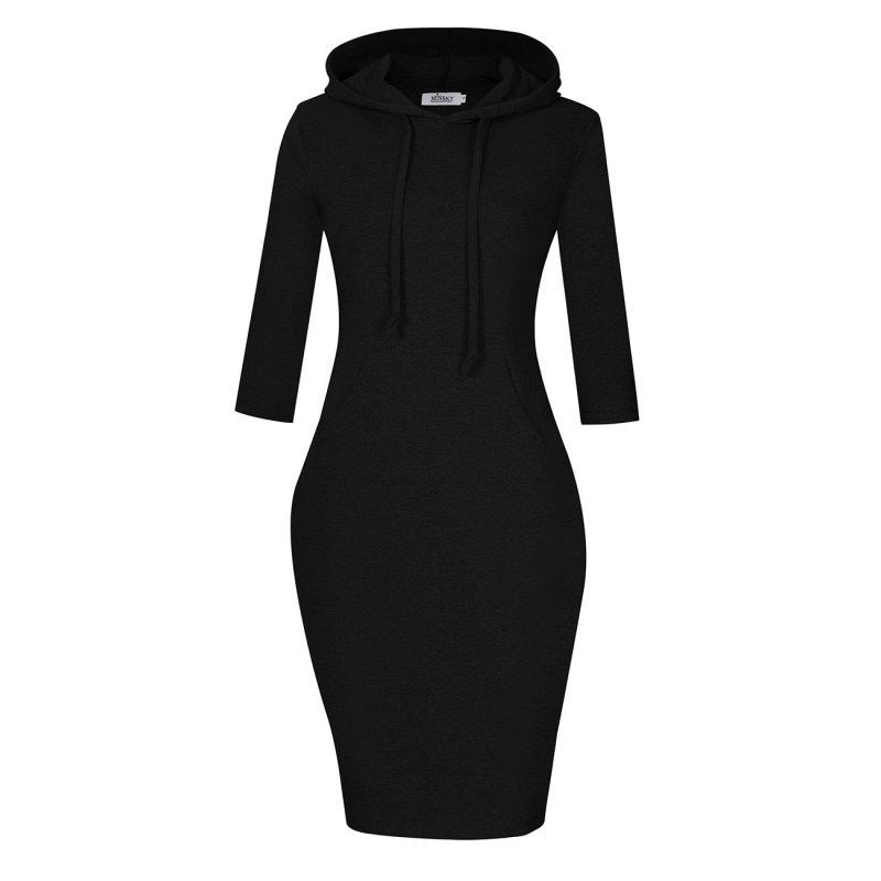 US MISSKY Women Pullover Stripe Pocket 3/4 Sleeve Slim Long Hoodie Sweatshirt Dress Black XL
