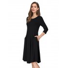 US MISSKY Women's Solid Scoop Neck 3/4 Sleeve Pockets Loose Swing Casual Midi Dress
