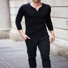 US Men Long Sleeve T shirt Slim Button V Collar Simple Solid Color Clothing Undershirt black M