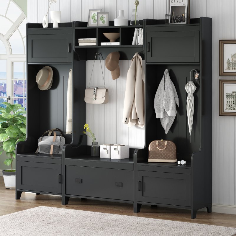 US Modern Style Hall Tree With Drawer Metal Hooks Easy Assembly Hallway Coat Rack For Hallway Living Room Mudroom Black