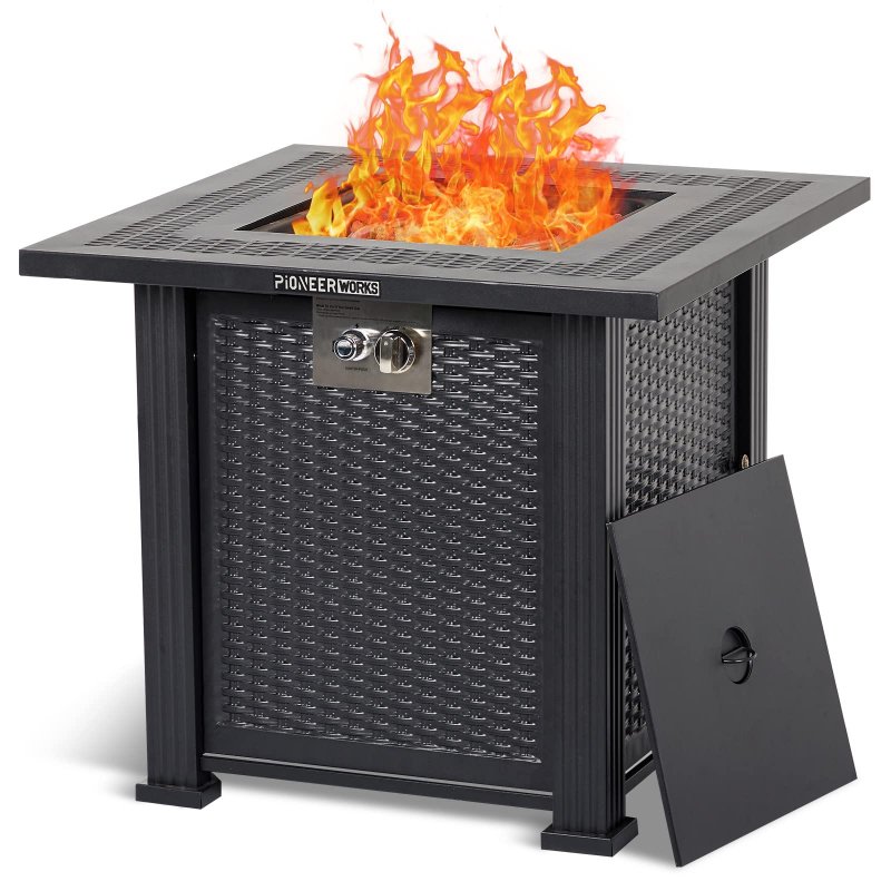 US PIONEERWORKS 28 Inch Propane Fire Pit Table 50000BTU Rectangle Fire Table With Cover