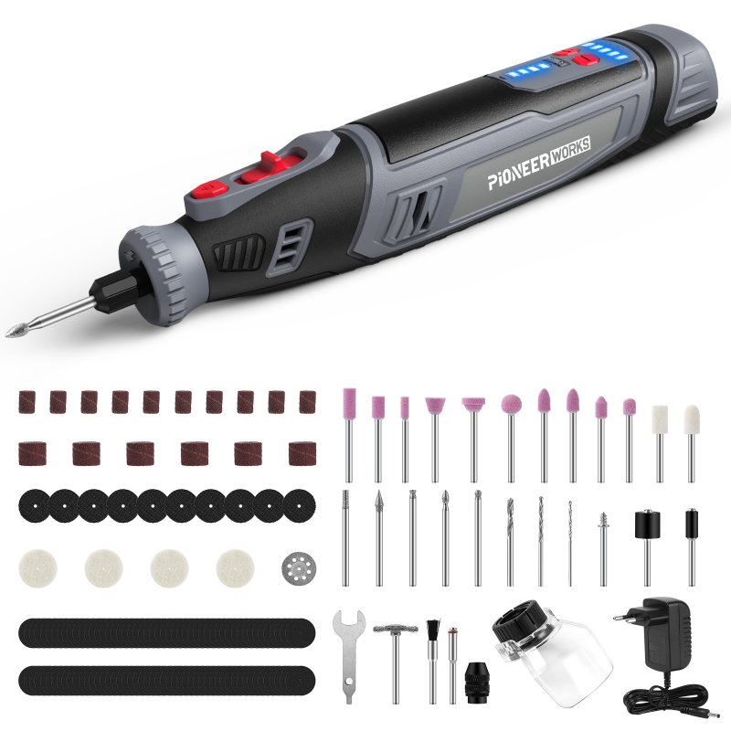 US PIONEERWORKS 8V Mini Cordless Rotary Tool 2.0 Ah Li-ion Battery Drive 5-Speed Power Rotary Kit With 160 Accessories