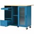 US Rolling Kitchen Island With Storage Drawer Adjustable Shelf Sliding Glass Door Cabinet With LED Light For Kitchen Navy Blue