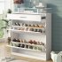 US Shoe Storage Cabinet With 2 Flip Drawers Tempered Glass Top Pulling Drawer LED Light Narrow Shoe Rack Cabinet Black