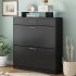US Shoe Storage Cabinet With 2 Flip Drawers Tempered Glass Top Pulling Drawer LED Light Narrow Shoe Rack Cabinet Black