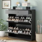 US Shoe Storage Cabinet With 2 Flip Drawers Tempered Glass Top Pulling Drawer LED Light Narrow Shoe Rack Cabinet Black