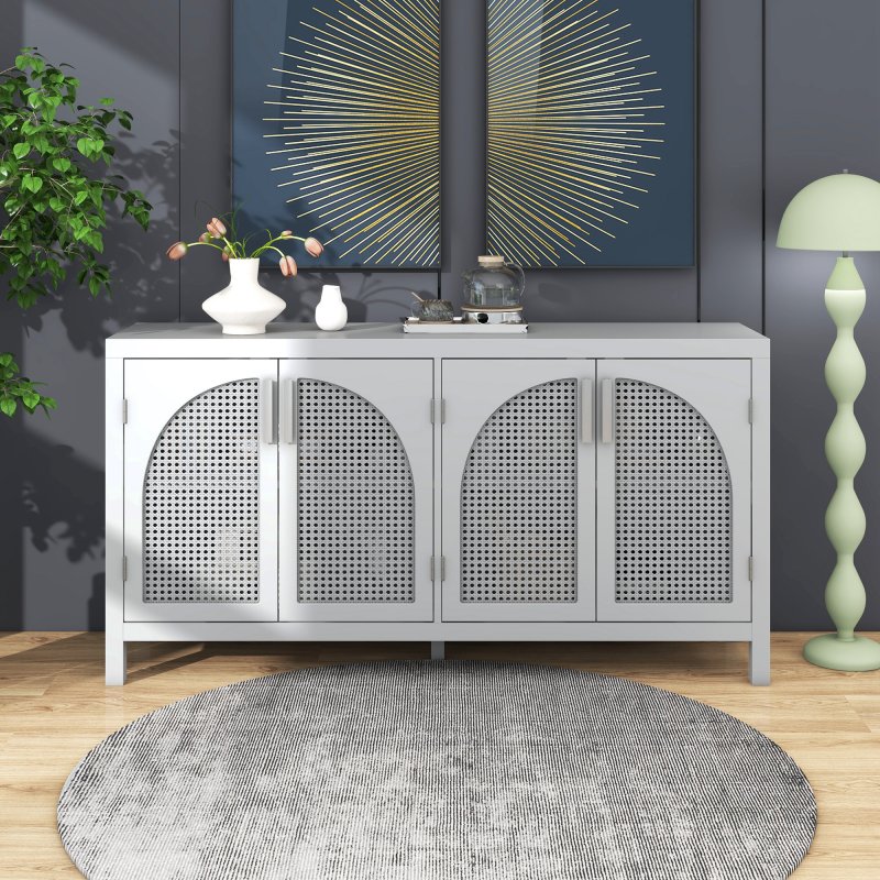 US Sideboard Cabinet With Rattan Door Metal Handles Adjustable Shelves 333lbs Load Capacity Multifunctional Storage Cabinet For Kitchen Dining Room Living Room Gray