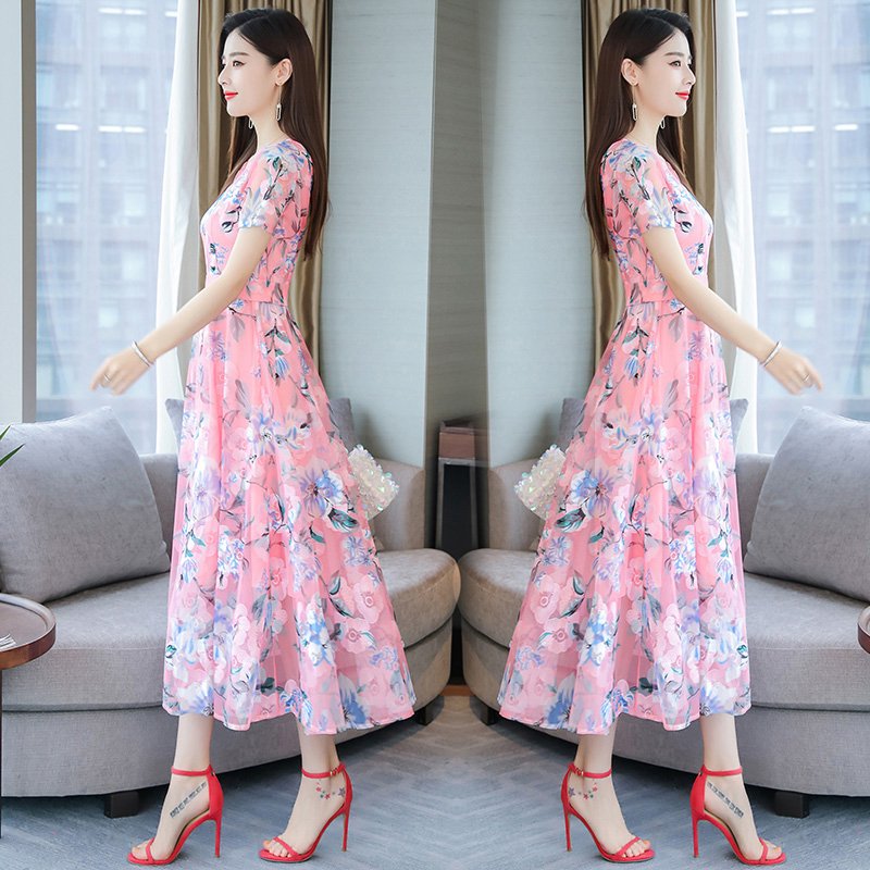 US Women Summer Short Sleeve Flower Pattern Casual Long Dress