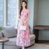 US Women Summer Short Sleeve Flower Pattern Casual Long Dress Pink M