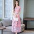 US Women Summer Short Sleeve Flower Pattern Casual Long Dress Pink M