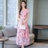 US Women Summer Short Sleeve Flower Pattern Casual Long Dress Pink L