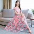 US Women Summer Short Sleeve Flower Pattern Casual Long Dress Light blue L