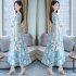 US Women Summer Short Sleeve Flower Pattern Casual Long Dress Light blue L