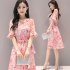 US Women Summer Tight Waist Flare Sleeve Floral Printing Lacing Dress Pink M