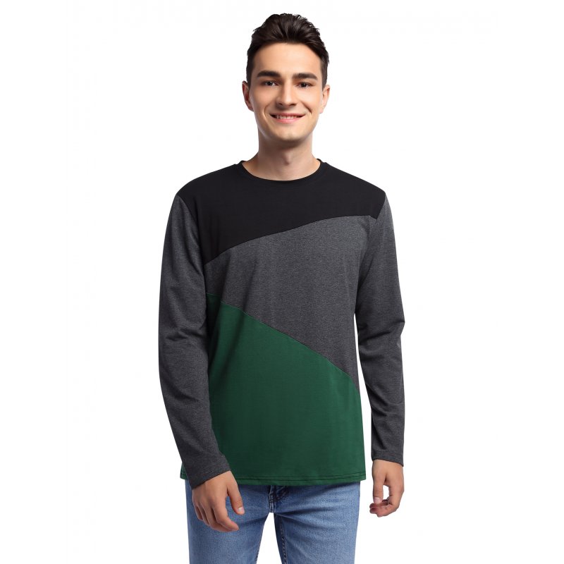 US Yong Horse Men's Contrast Color Crew Neck Long Sleeve Basic T-Shirt Top Black-grey-green M