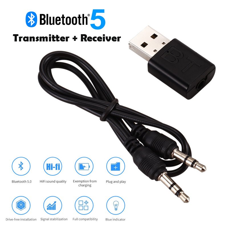 USB Bluetooth 5.0 Transmitter Receiver 3.5mm AUX Audio Cable for TV PC Car Speaker black